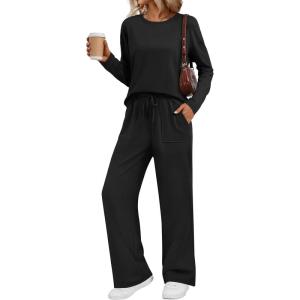 imageLILLUSORY Womens Sweatsuits 2 Piece Outfits Lounge Matching Sweat Sets Casual Sweatshirts Wide Leg Sweatpants Tracksuit SetsBlack