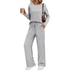 imageLILLUSORY Womens Sweatsuits 2 Piece Outfits Lounge Matching Sweat Sets Casual Sweatshirts Wide Leg Sweatpants Tracksuit SetsGrey