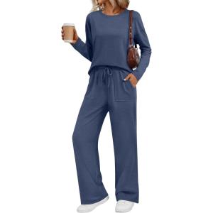 imageLILLUSORY Womens Sweatsuits 2 Piece Outfits Lounge Matching Sweat Sets Casual Sweatshirts Wide Leg Sweatpants Tracksuit SetsGreyblue