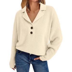 imageLILLUSORY Womens V Neck Pullover Sweaters Casual Cable Knit Chunky Warm Cute Tops with Collar PoloApricot