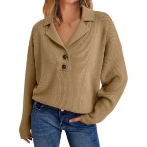 imageLILLUSORY Womens V Neck Pullover Sweaters Casual Cable Knit Chunky Warm Cute Tops with Collar PoloDark Apricot