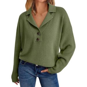 imageLILLUSORY Womens V Neck Pullover Sweaters Casual Cable Knit Chunky Warm Cute Tops with Collar PoloGrass Green