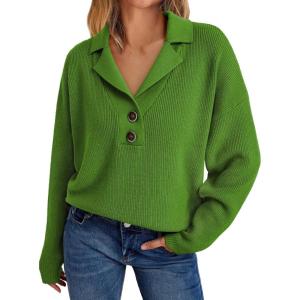 imageLILLUSORY Womens V Neck Pullover Sweaters Casual Cable Knit Chunky Warm Cute Tops with Collar PoloGreen