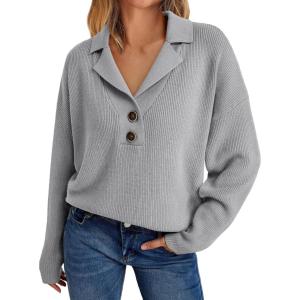 imageLILLUSORY Womens V Neck Pullover Sweaters Casual Cable Knit Chunky Warm Cute Tops with Collar PoloLight Grey