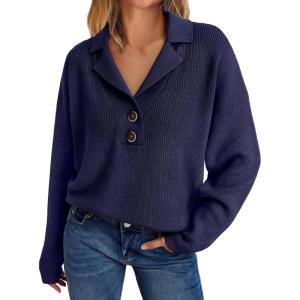imageLILLUSORY Womens V Neck Pullover Sweaters Casual Cable Knit Chunky Warm Cute Tops with Collar PoloNavy Blue