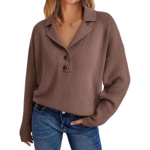 imageLILLUSORY Womens V Neck Pullover Sweaters Casual Cable Knit Chunky Warm Cute Tops with Collar PoloNutmeg