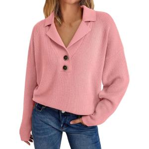 imageLILLUSORY Womens V Neck Pullover Sweaters Casual Cable Knit Chunky Warm Cute Tops with Collar PoloPink