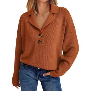 imageLILLUSORY Womens V Neck Pullover Sweaters Casual Cable Knit Chunky Warm Cute Tops with Collar PoloRust Red