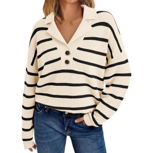 imageLILLUSORY Womens V Neck Pullover Sweaters Casual Cable Knit Chunky Warm Cute Tops with Collar PoloStriped Apricot