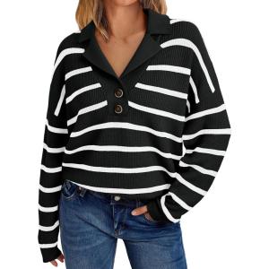 imageLILLUSORY Womens V Neck Pullover Sweaters Casual Cable Knit Chunky Warm Cute Tops with Collar PoloStriped Black