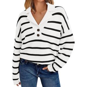 imageLILLUSORY Womens V Neck Pullover Sweaters Casual Cable Knit Chunky Warm Cute Tops with Collar PoloStriped White