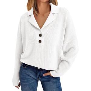 imageLILLUSORY Womens V Neck Pullover Sweaters Casual Cable Knit Chunky Warm Cute Tops with Collar PoloWhite