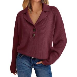 imageLILLUSORY Womens V Neck Pullover Sweaters Casual Cable Knit Chunky Warm Cute Tops with Collar PoloWine