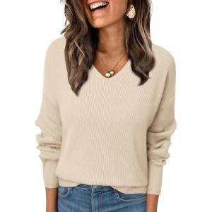 imageLILLUSORY Womens V Neck Sweater Long Sleeve Shirts Fall Fashion Clothes 2025 Knit Trendy Slim Fitted TopsApricot