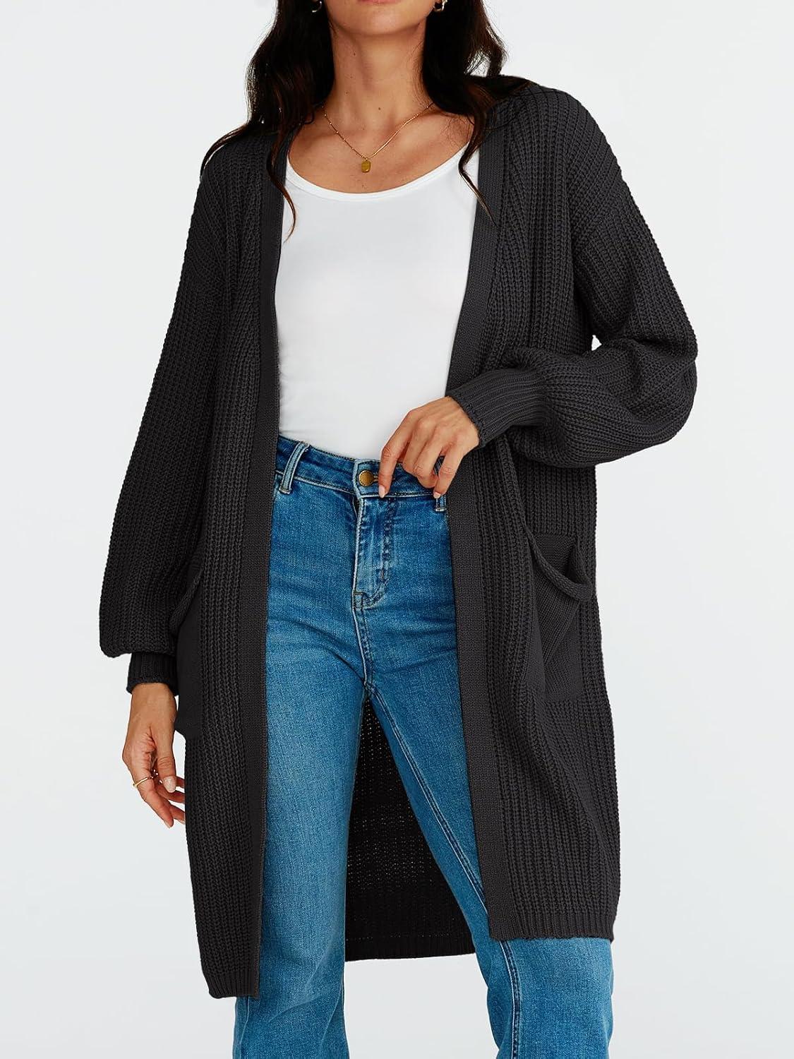 imageLILLUSORY Long Oversized Cardigans Sweaters for Women Open Front Knit Fall with Pockets 2025 Outfits FashionBlack
