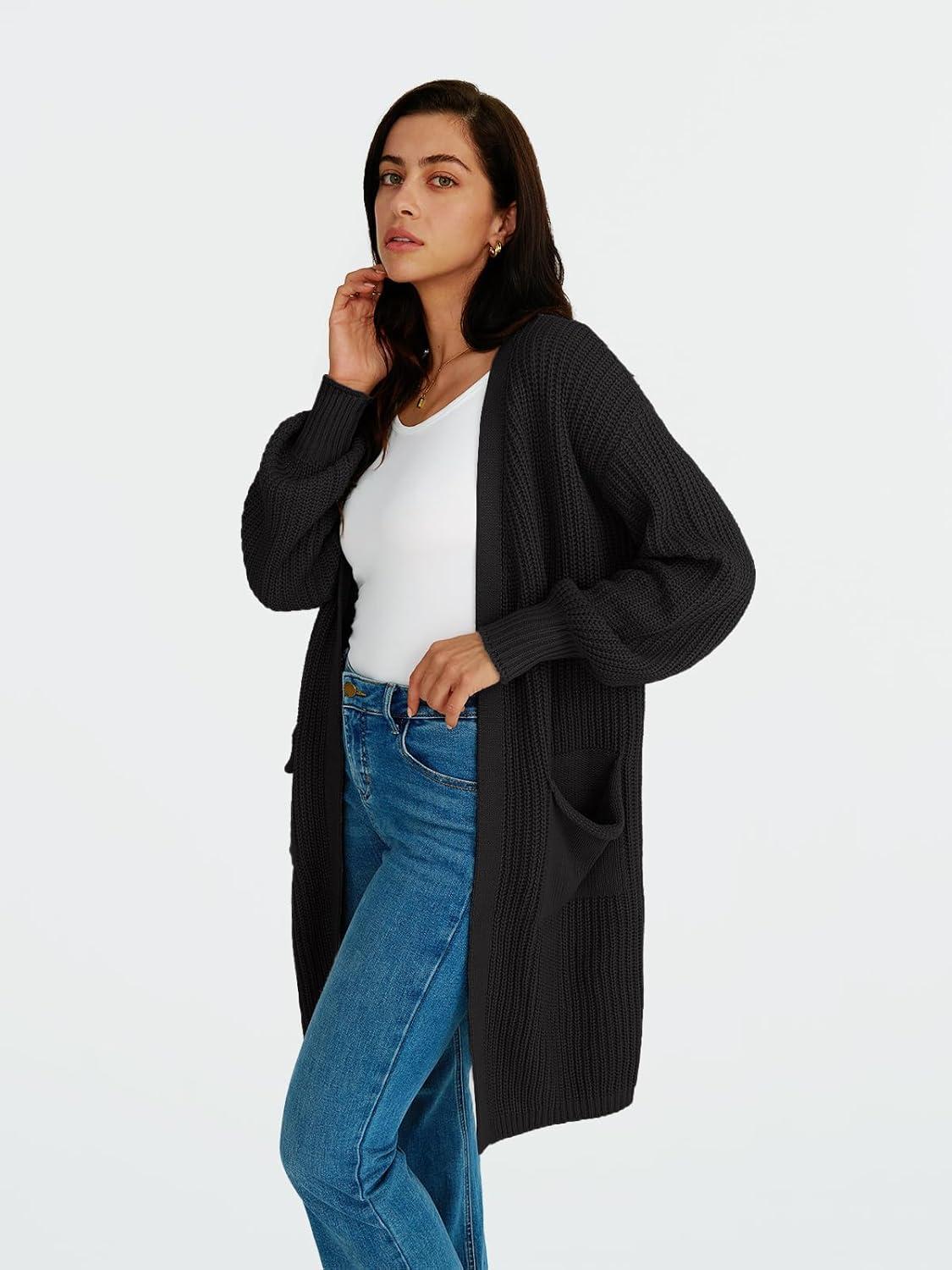 imageLILLUSORY Long Oversized Cardigans Sweaters for Women Open Front Knit Fall with Pockets 2025 Outfits FashionBlack