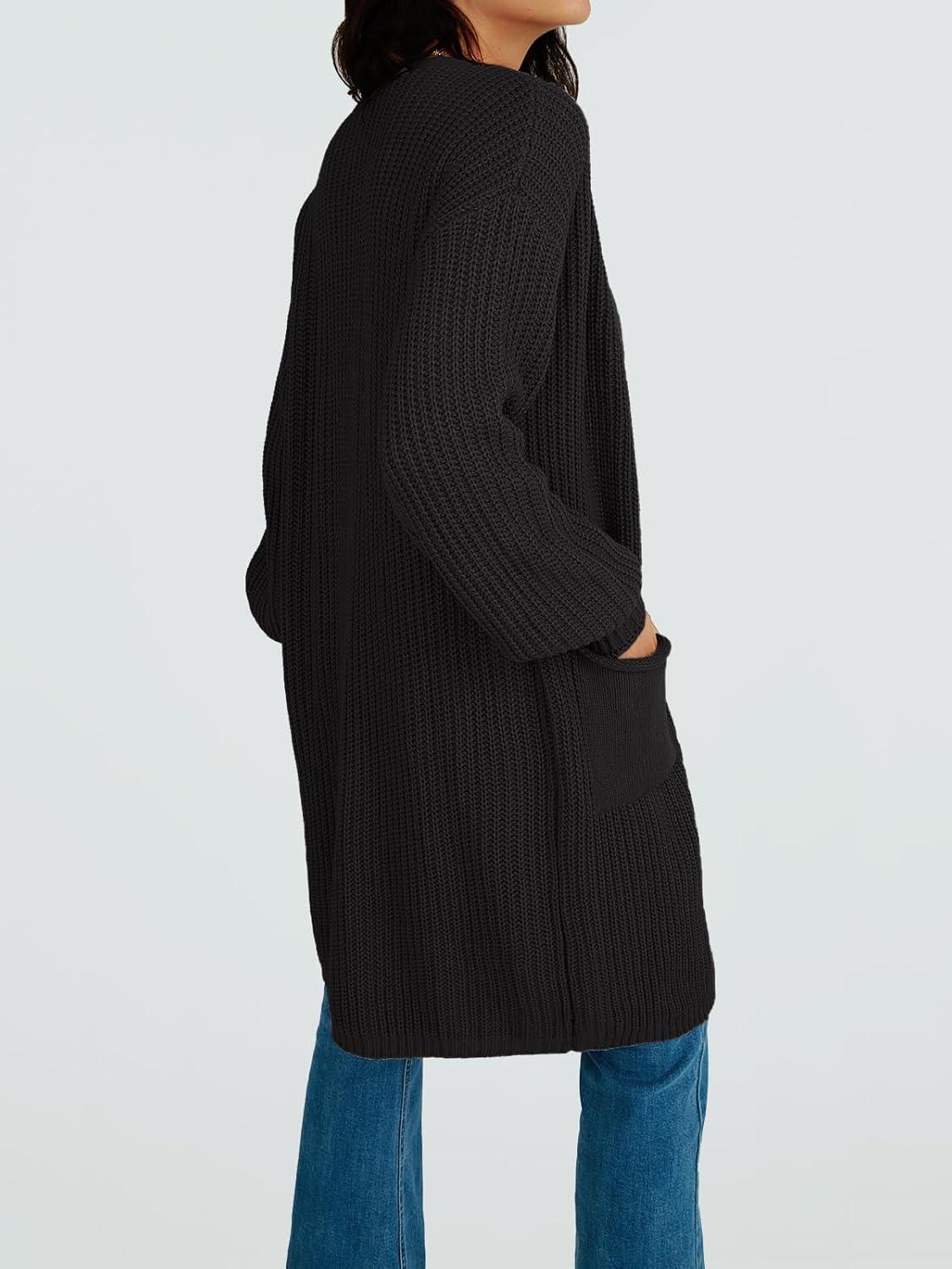imageLILLUSORY Long Oversized Cardigans Sweaters for Women Open Front Knit Fall with Pockets 2025 Outfits FashionBlack