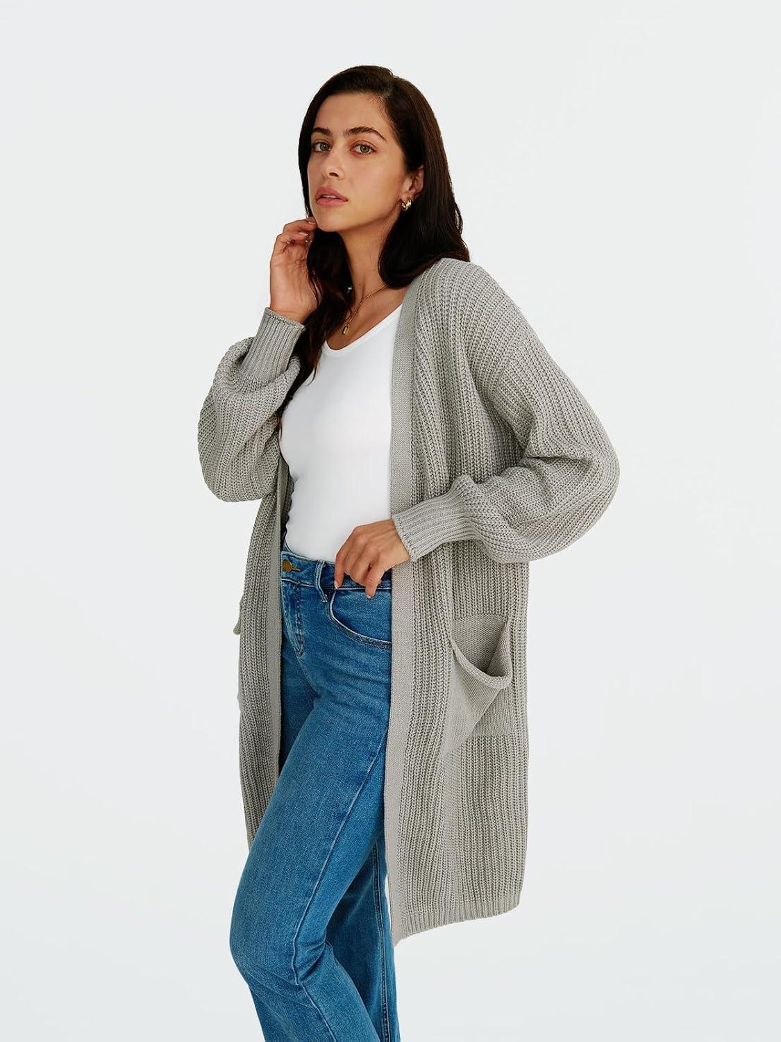 imageLILLUSORY Long Oversized Cardigans Sweaters for Women Open Front Knit Fall with Pockets 2025 Outfits FashionGrey