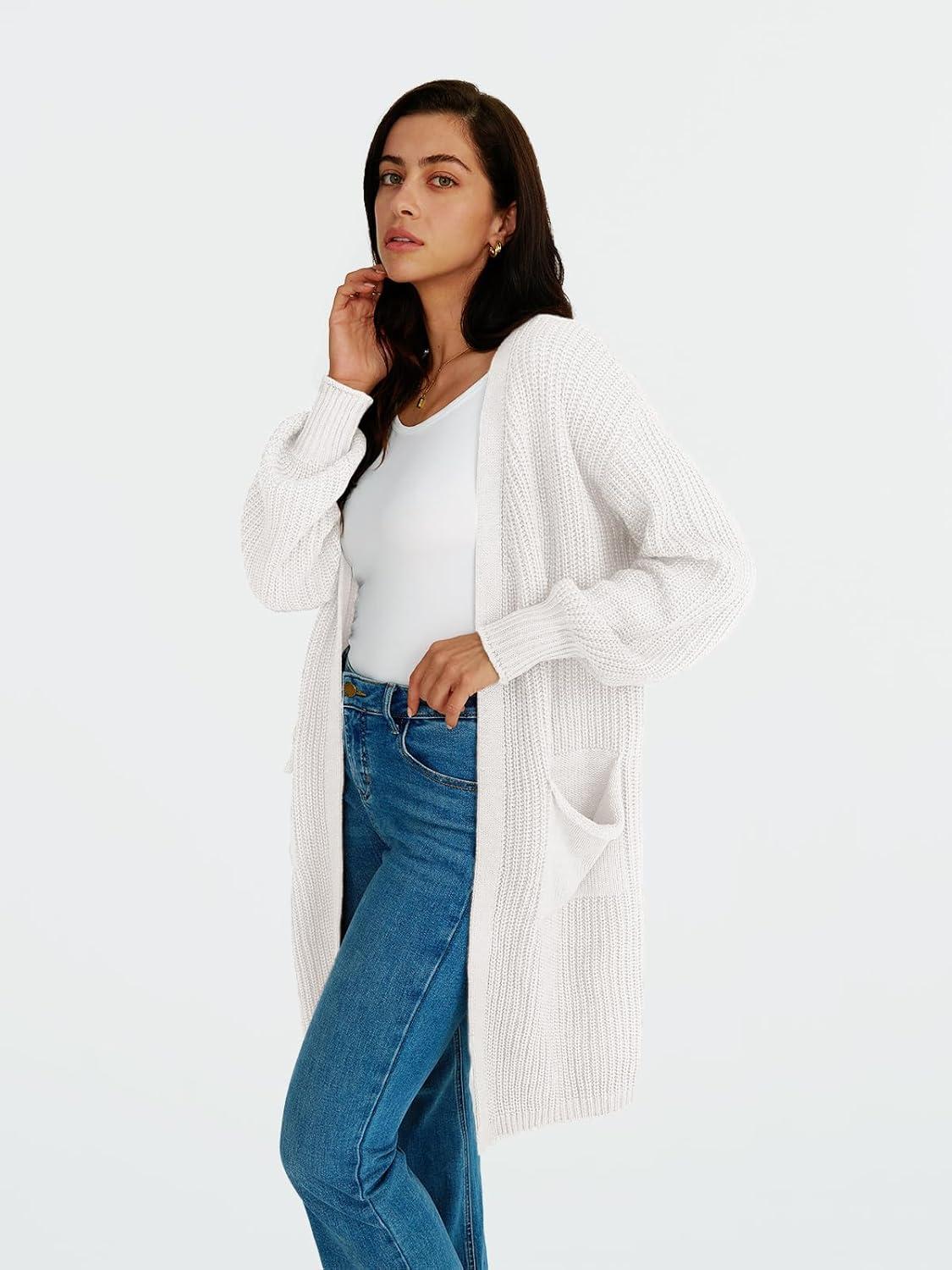 imageLILLUSORY Long Oversized Cardigans Sweaters for Women Open Front Knit Fall with Pockets 2025 Outfits FashionWhite