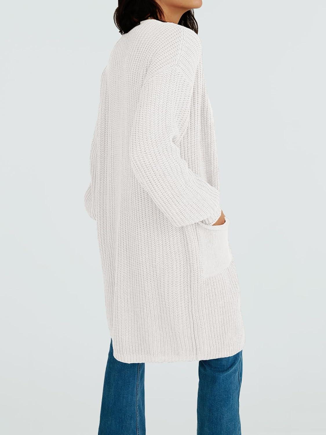 imageLILLUSORY Long Oversized Cardigans Sweaters for Women Open Front Knit Fall with Pockets 2025 Outfits FashionWhite