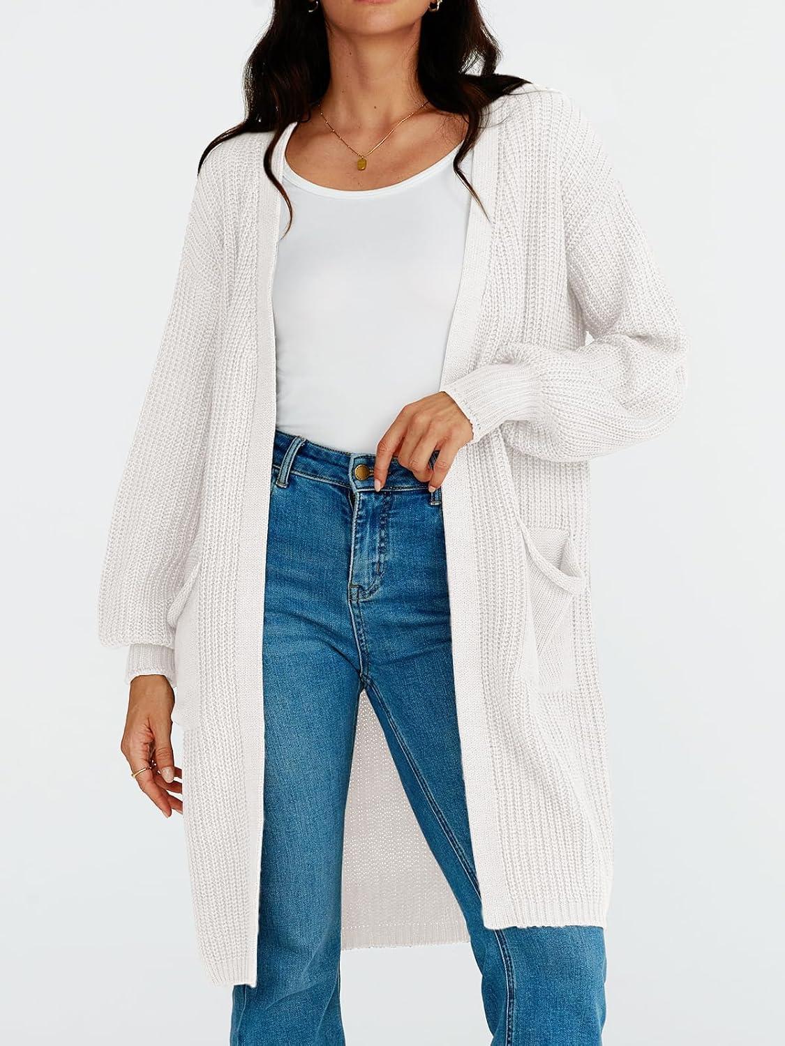 imageLILLUSORY Long Oversized Cardigans Sweaters for Women Open Front Knit Fall with Pockets 2025 Outfits FashionWhite