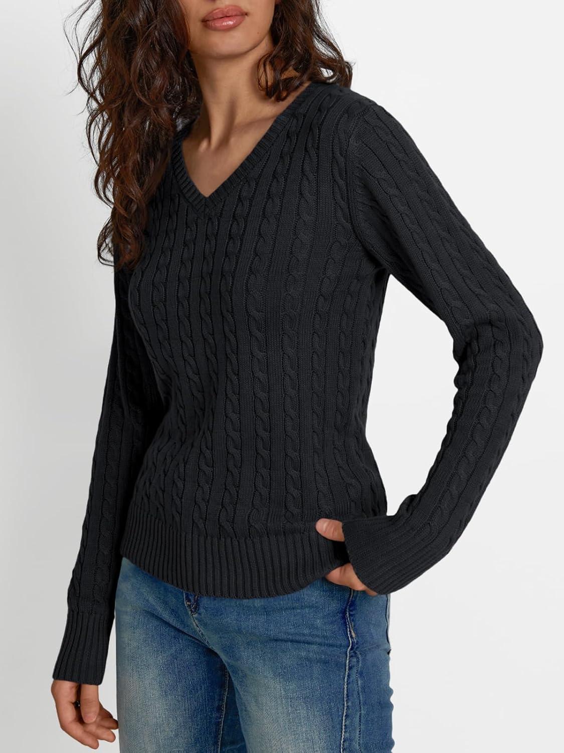 imageLILLUSORY Womens Cable Knit V Neck Lightweight Soft Pullover SweatersBlack