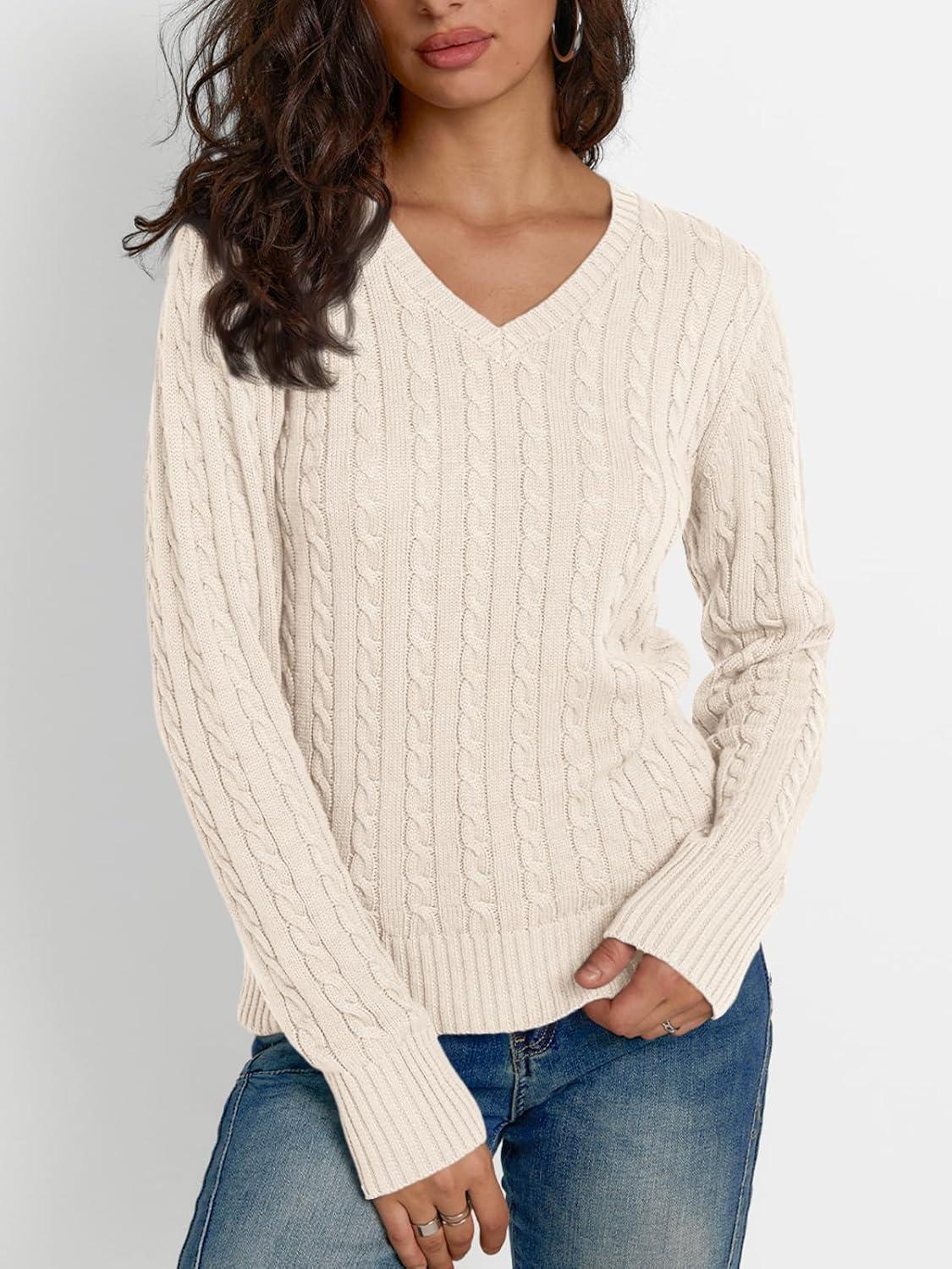 imageLILLUSORY Womens Cable Knit V Neck Lightweight Soft Pullover SweatersCream