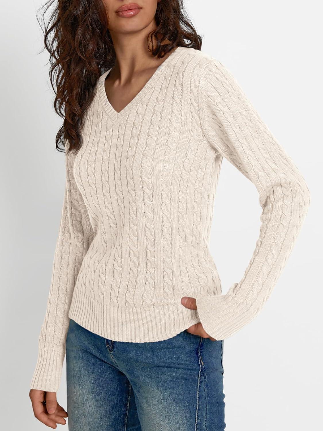 imageLILLUSORY Womens Cable Knit V Neck Lightweight Soft Pullover SweatersCream