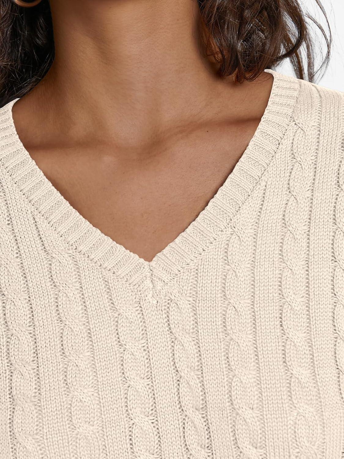 imageLILLUSORY Womens Cable Knit V Neck Lightweight Soft Pullover SweatersCream