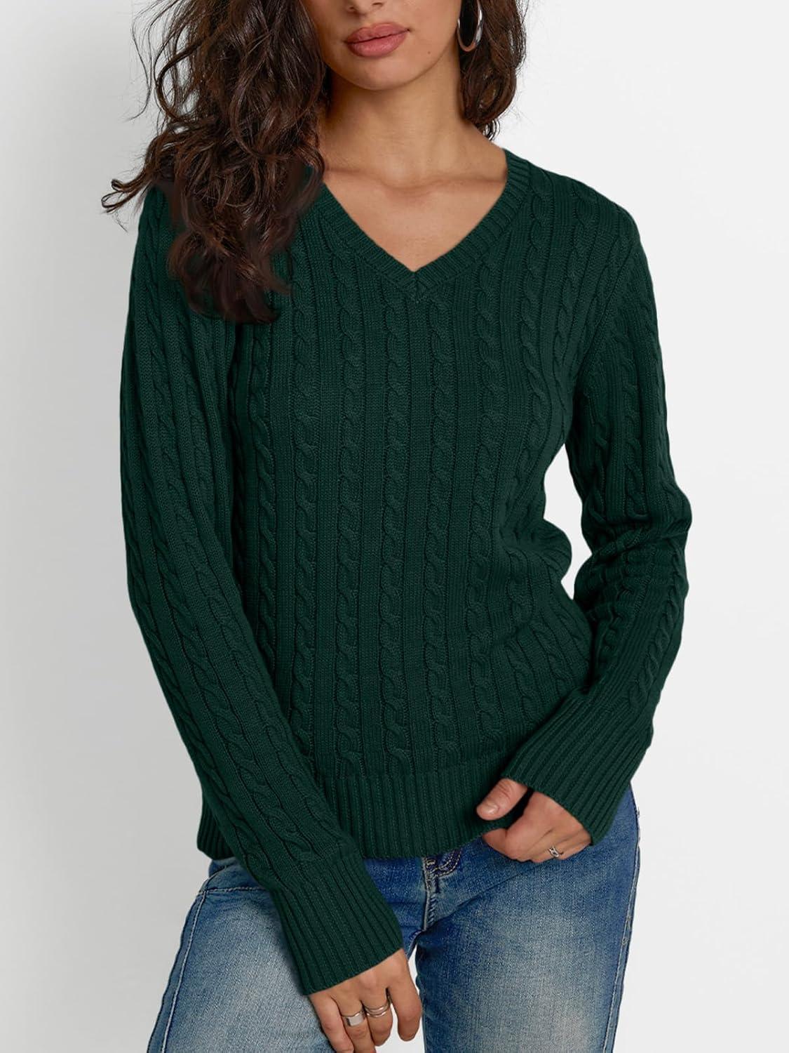 imageLILLUSORY Womens Cable Knit V Neck Lightweight Soft Pullover SweatersDark Green