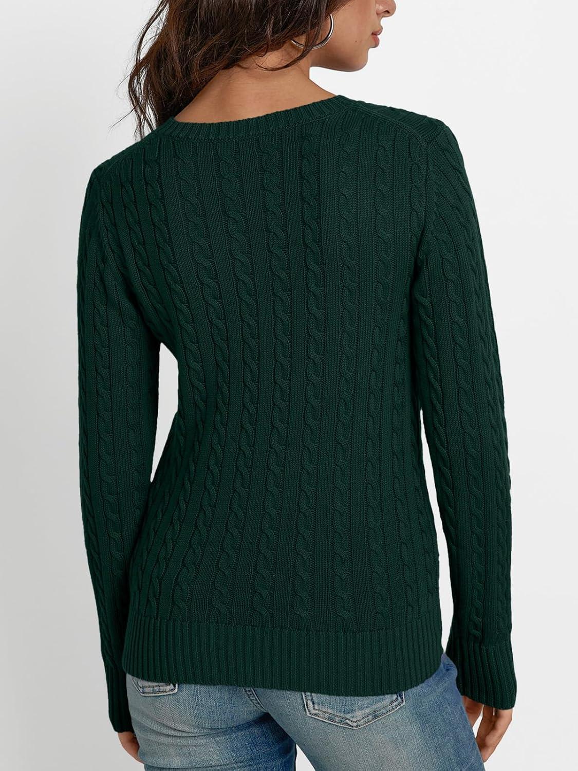 imageLILLUSORY Womens Cable Knit V Neck Lightweight Soft Pullover SweatersDark Green