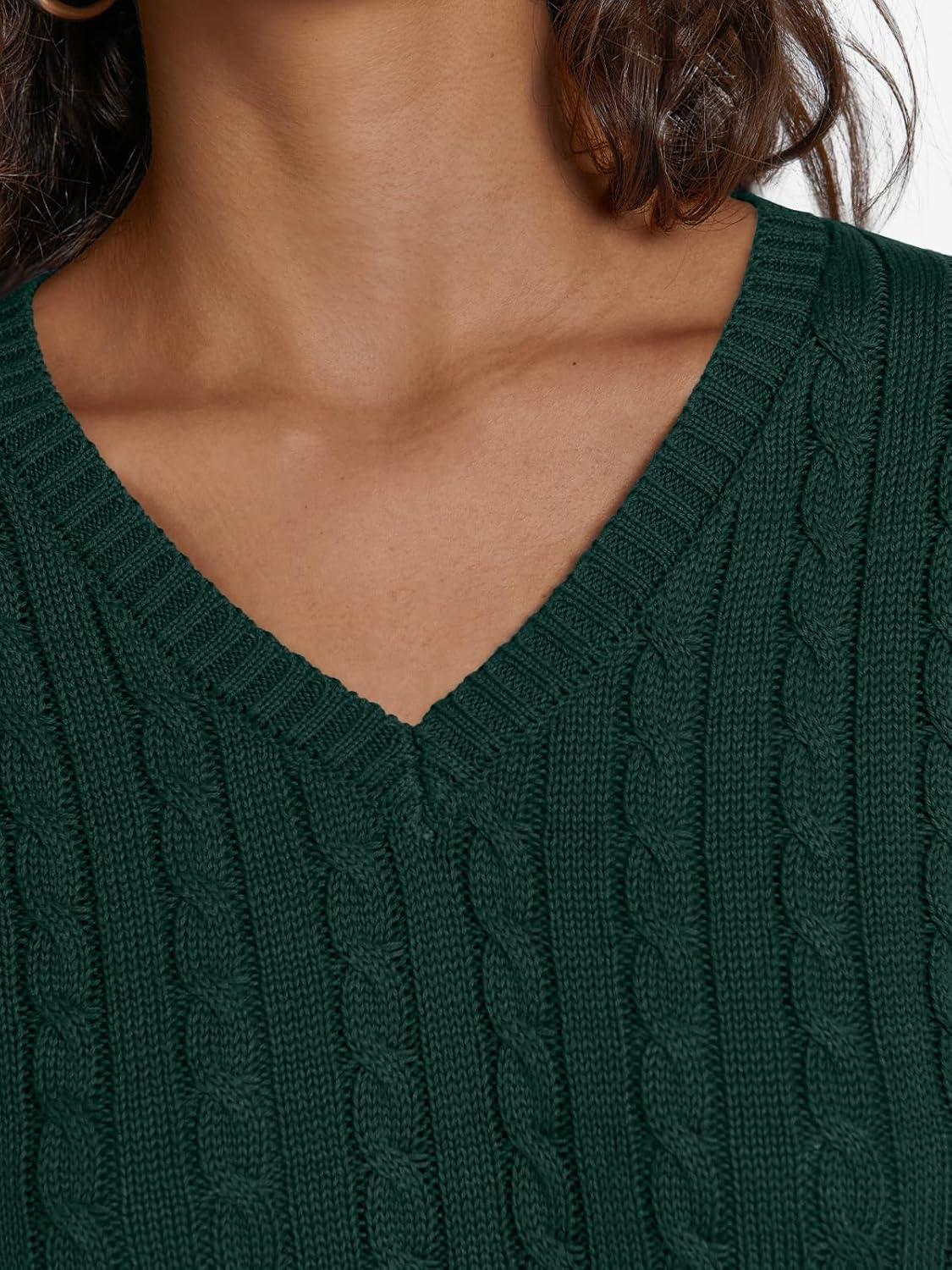 imageLILLUSORY Womens Cable Knit V Neck Lightweight Soft Pullover SweatersDark Green