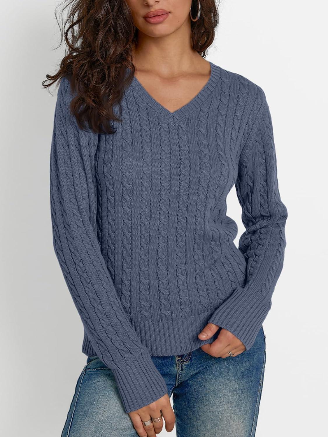 imageLILLUSORY Womens Cable Knit V Neck Lightweight Soft Pullover SweatersDusty Blue