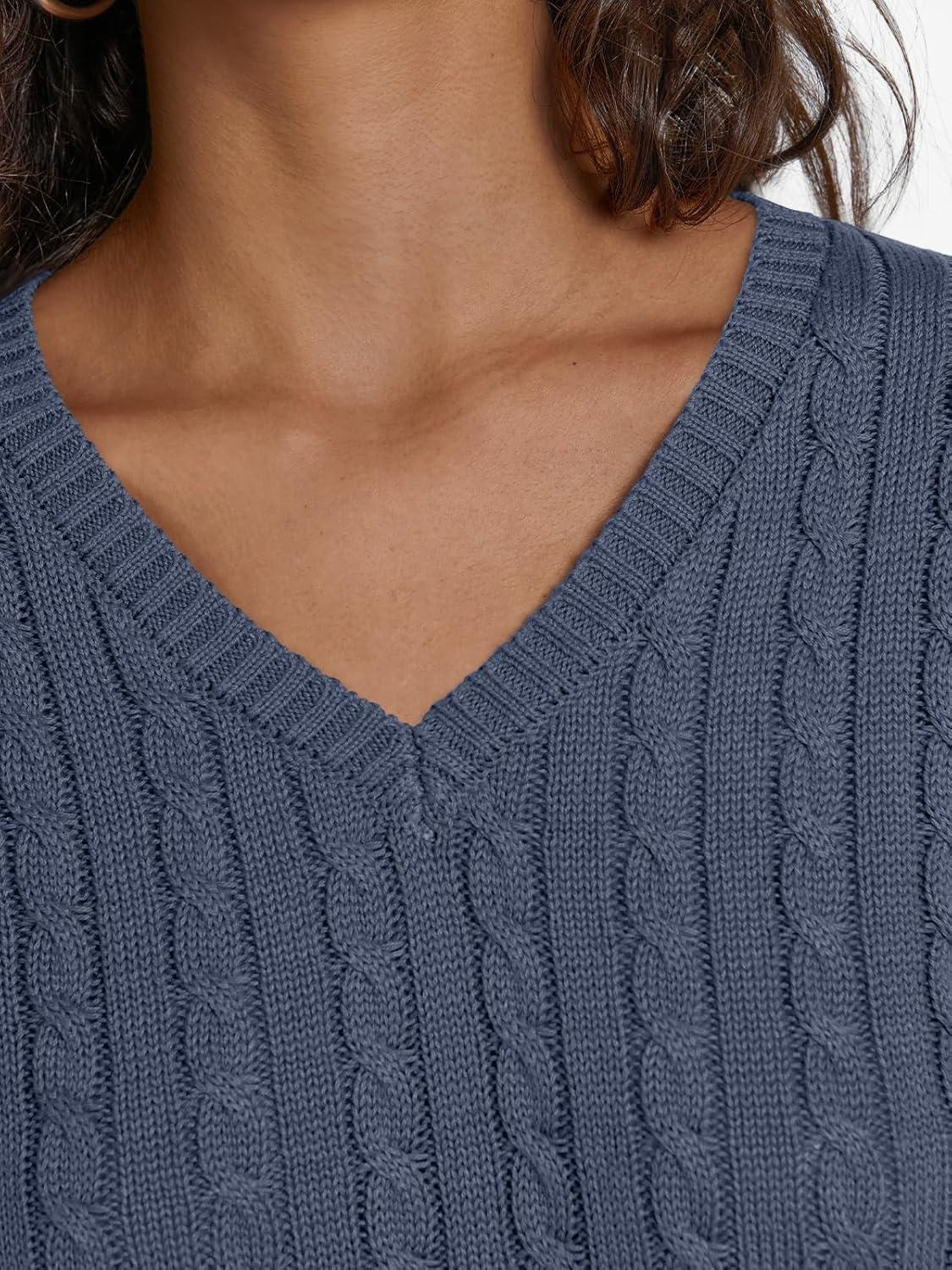 imageLILLUSORY Womens Cable Knit V Neck Lightweight Soft Pullover SweatersDusty Blue