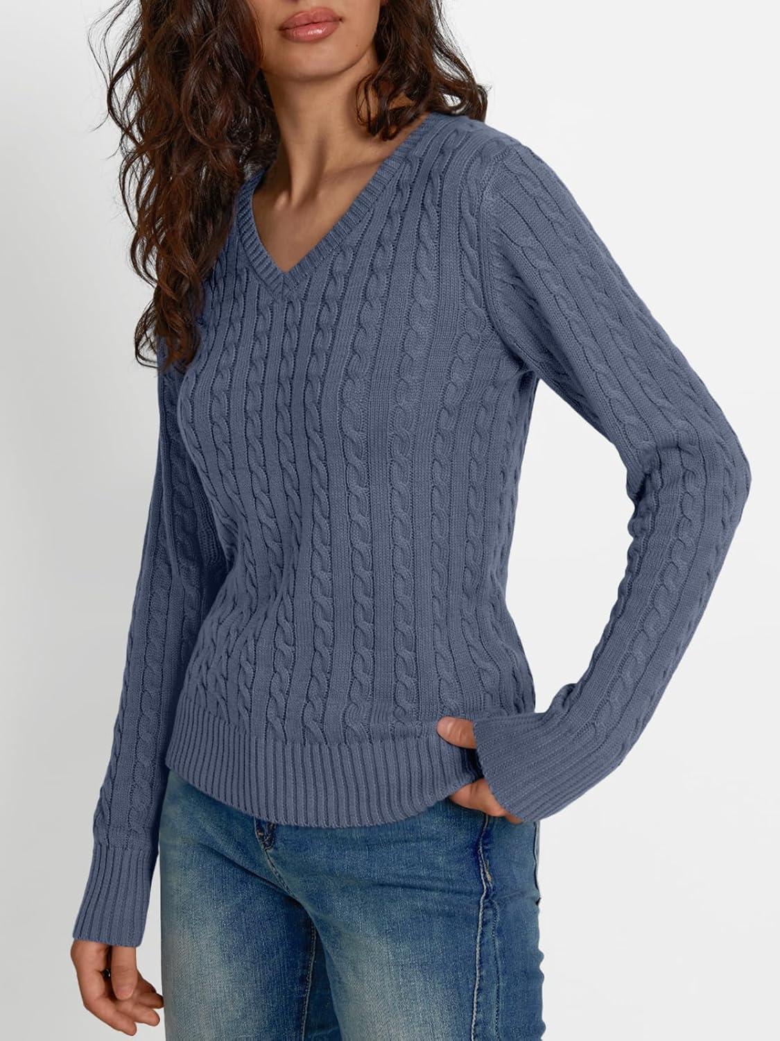 imageLILLUSORY Womens Cable Knit V Neck Lightweight Soft Pullover SweatersDusty Blue