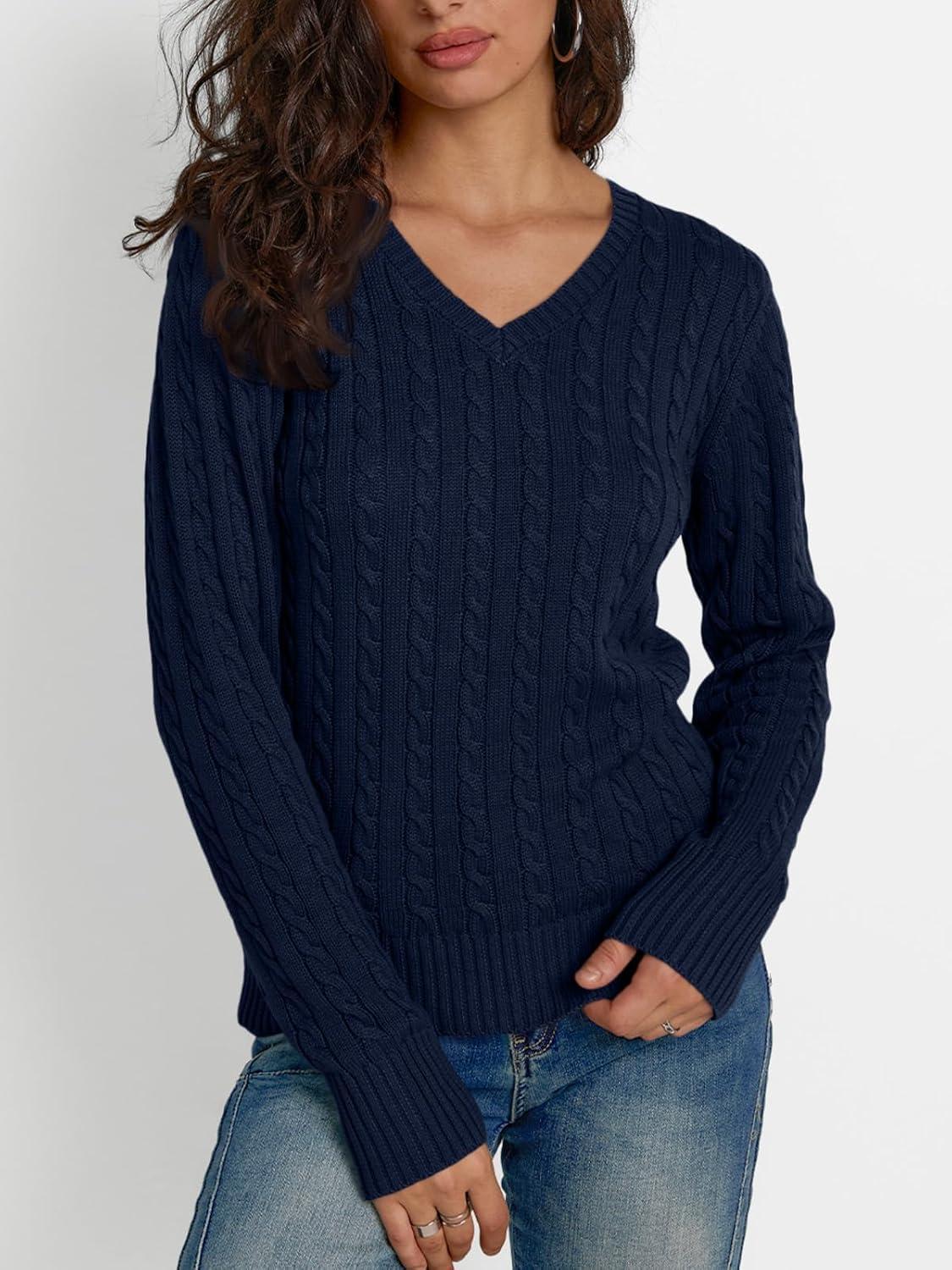 imageLILLUSORY Womens Cable Knit V Neck Lightweight Soft Pullover SweatersNavy Blue