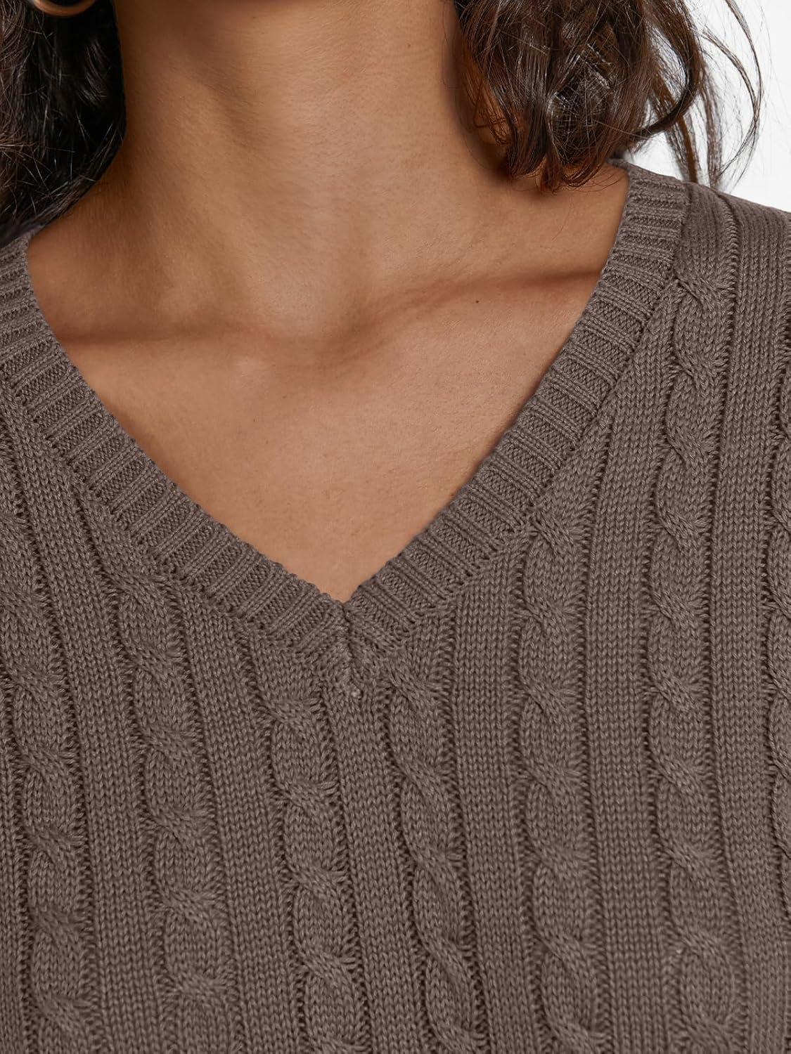 imageLILLUSORY Womens Cable Knit V Neck Lightweight Soft Pullover SweatersNutmeg