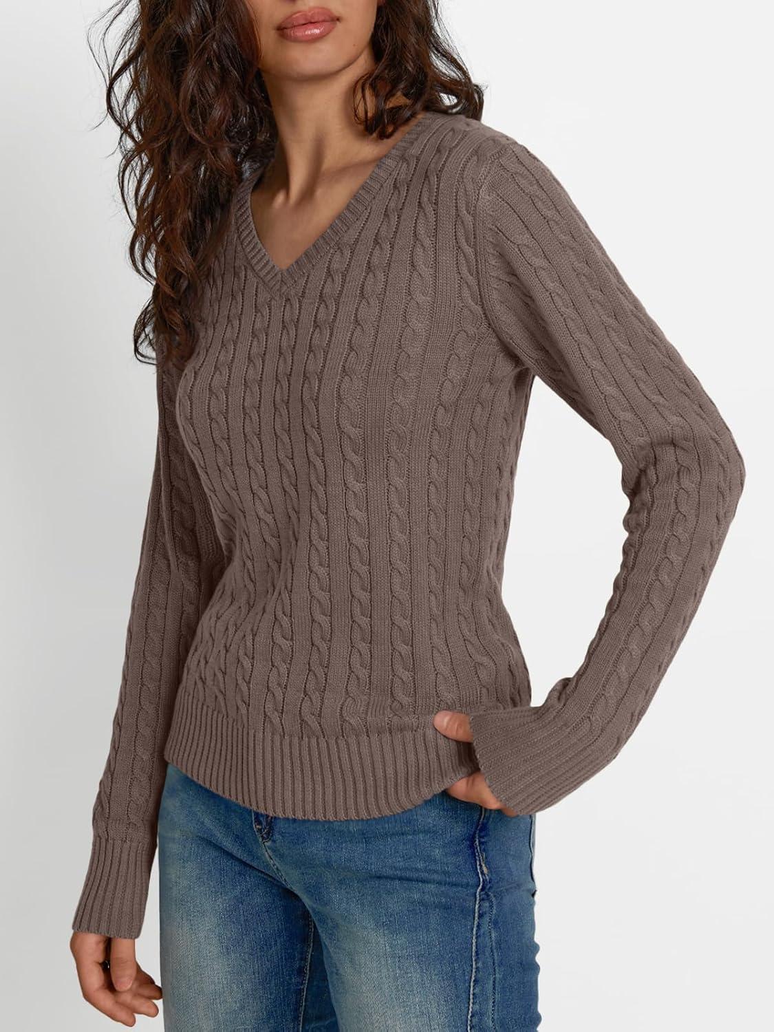 imageLILLUSORY Womens Cable Knit V Neck Lightweight Soft Pullover SweatersNutmeg