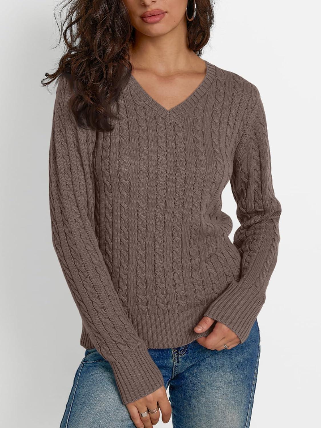 imageLILLUSORY Womens Cable Knit V Neck Lightweight Soft Pullover SweatersNutmeg
