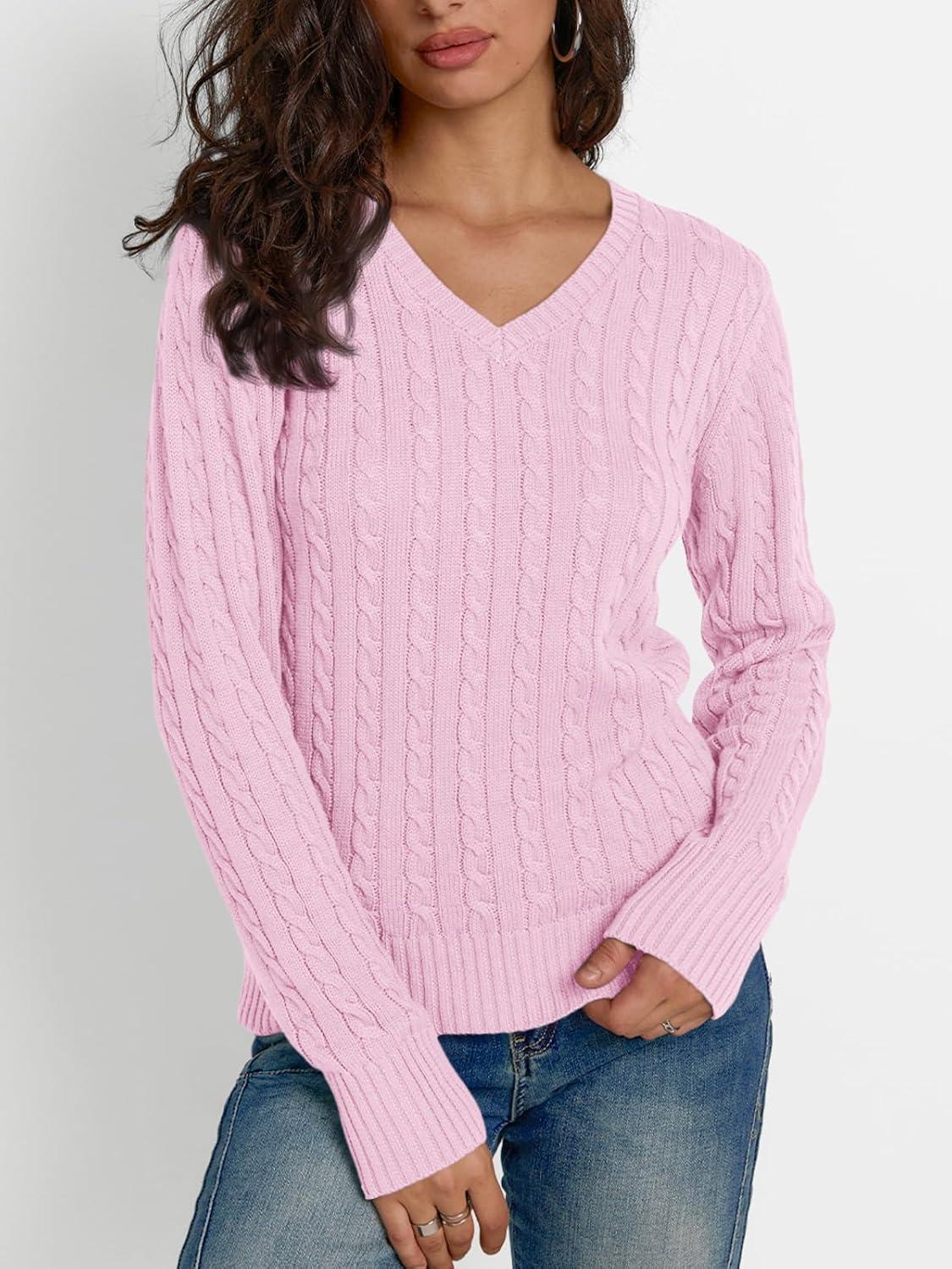 imageLILLUSORY Womens Cable Knit V Neck Lightweight Soft Pullover SweatersPink