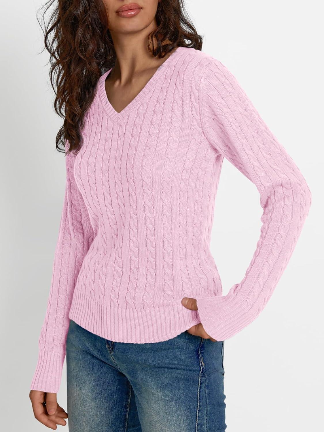imageLILLUSORY Womens Cable Knit V Neck Lightweight Soft Pullover SweatersPink