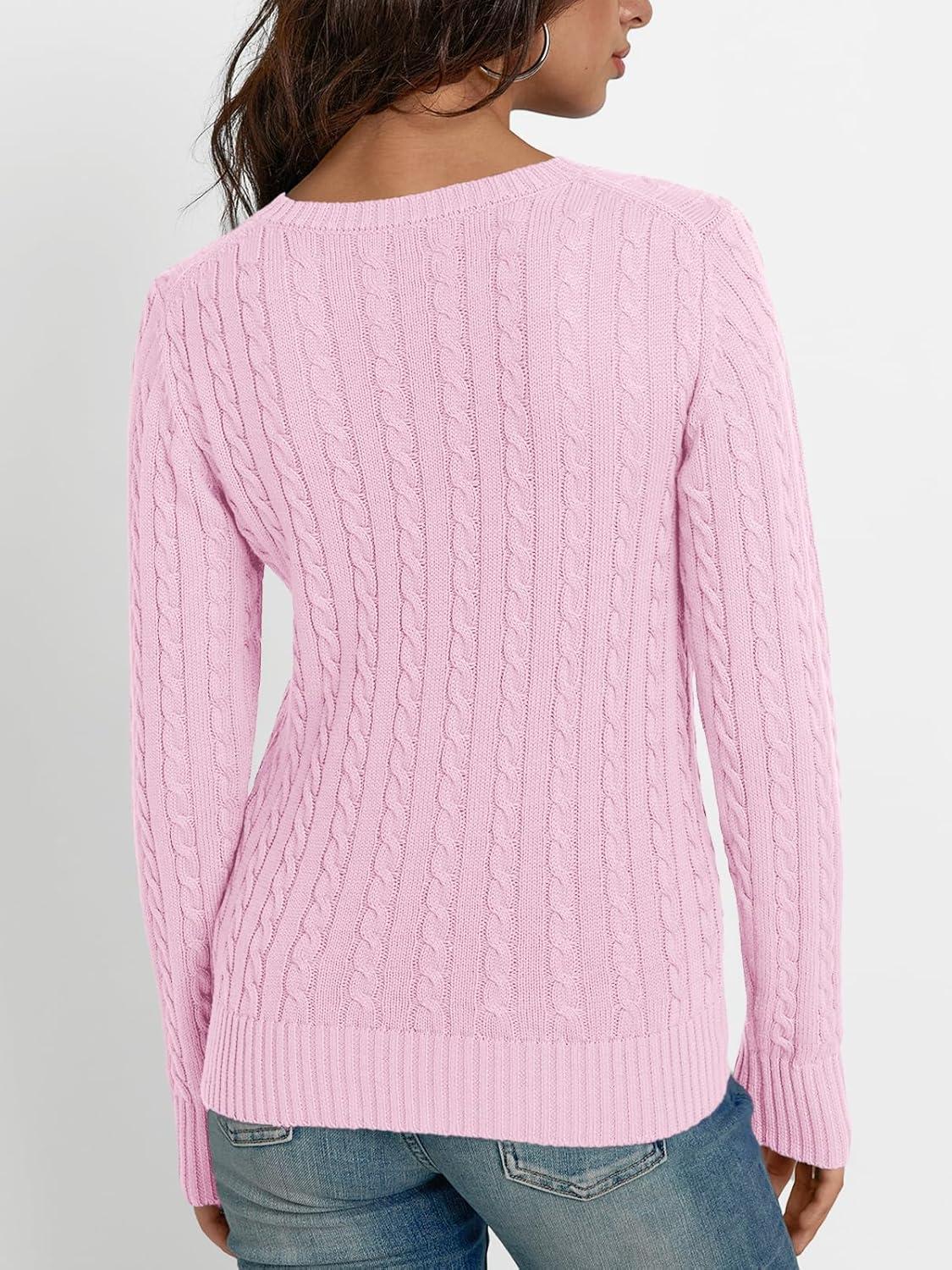 imageLILLUSORY Womens Cable Knit V Neck Lightweight Soft Pullover SweatersPink