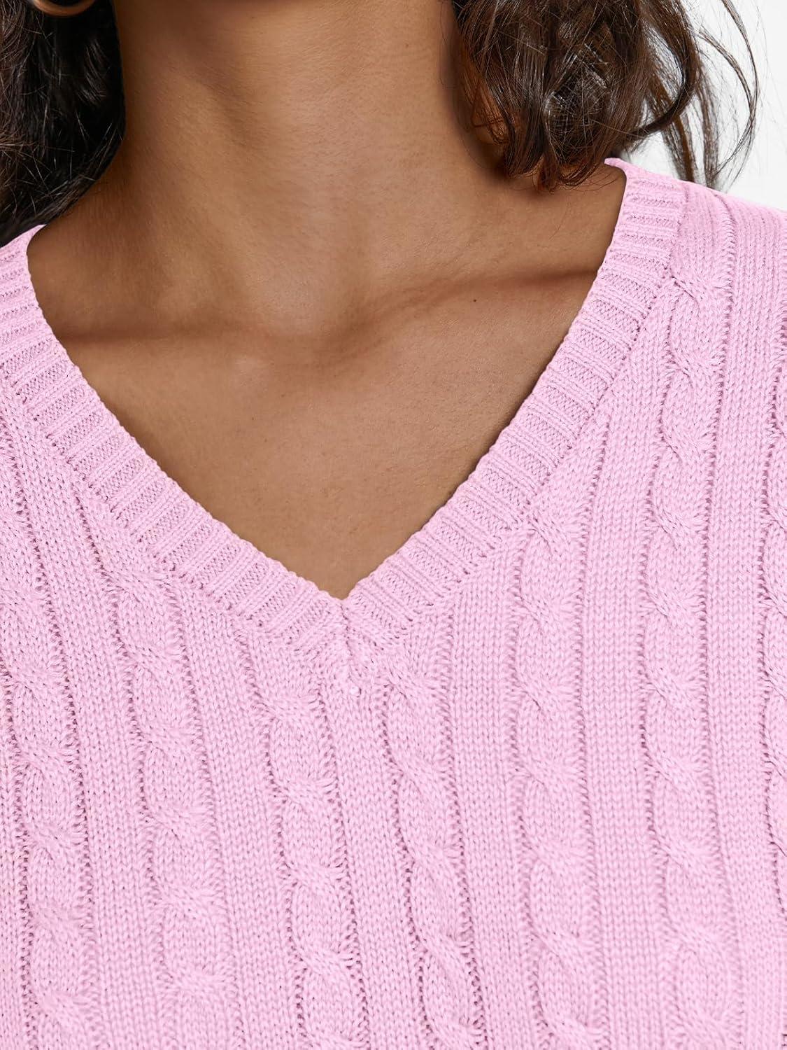imageLILLUSORY Womens Cable Knit V Neck Lightweight Soft Pullover SweatersPink