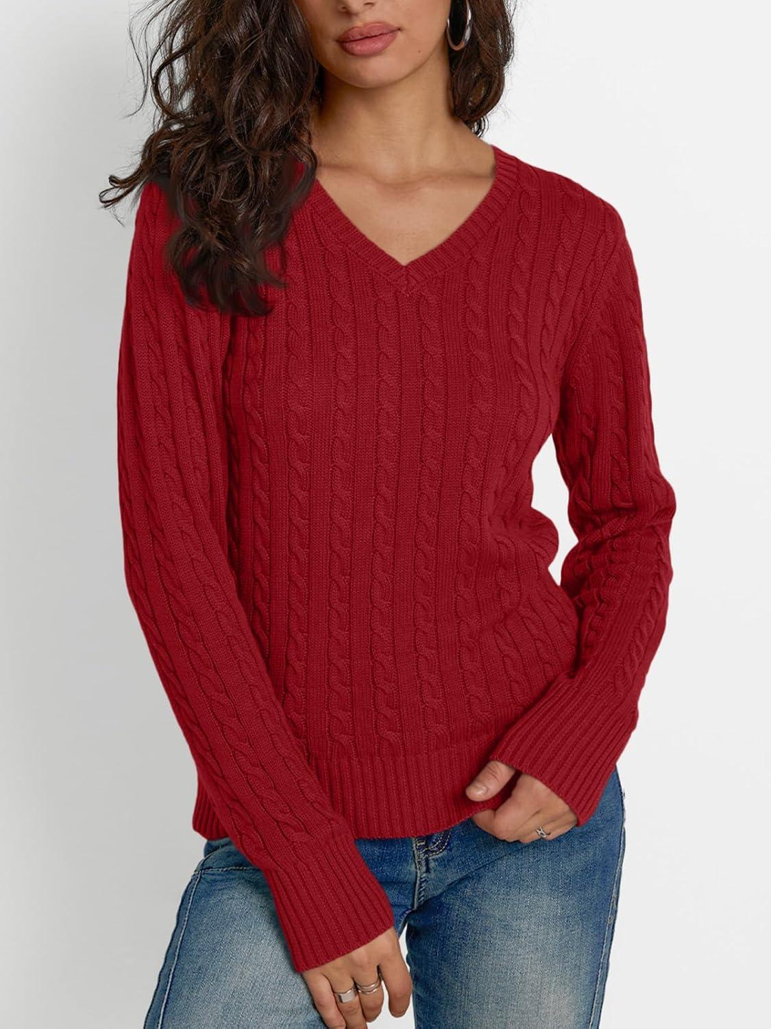 imageLILLUSORY Womens Cable Knit V Neck Lightweight Soft Pullover SweatersRed