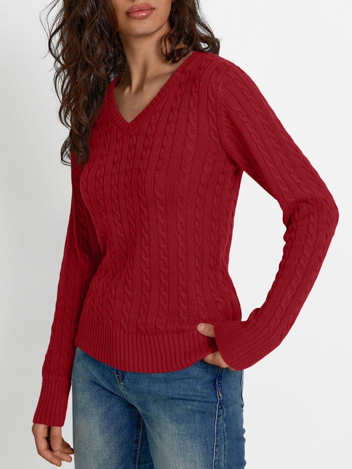 imageLILLUSORY Womens Cable Knit V Neck Lightweight Soft Pullover SweatersRed
