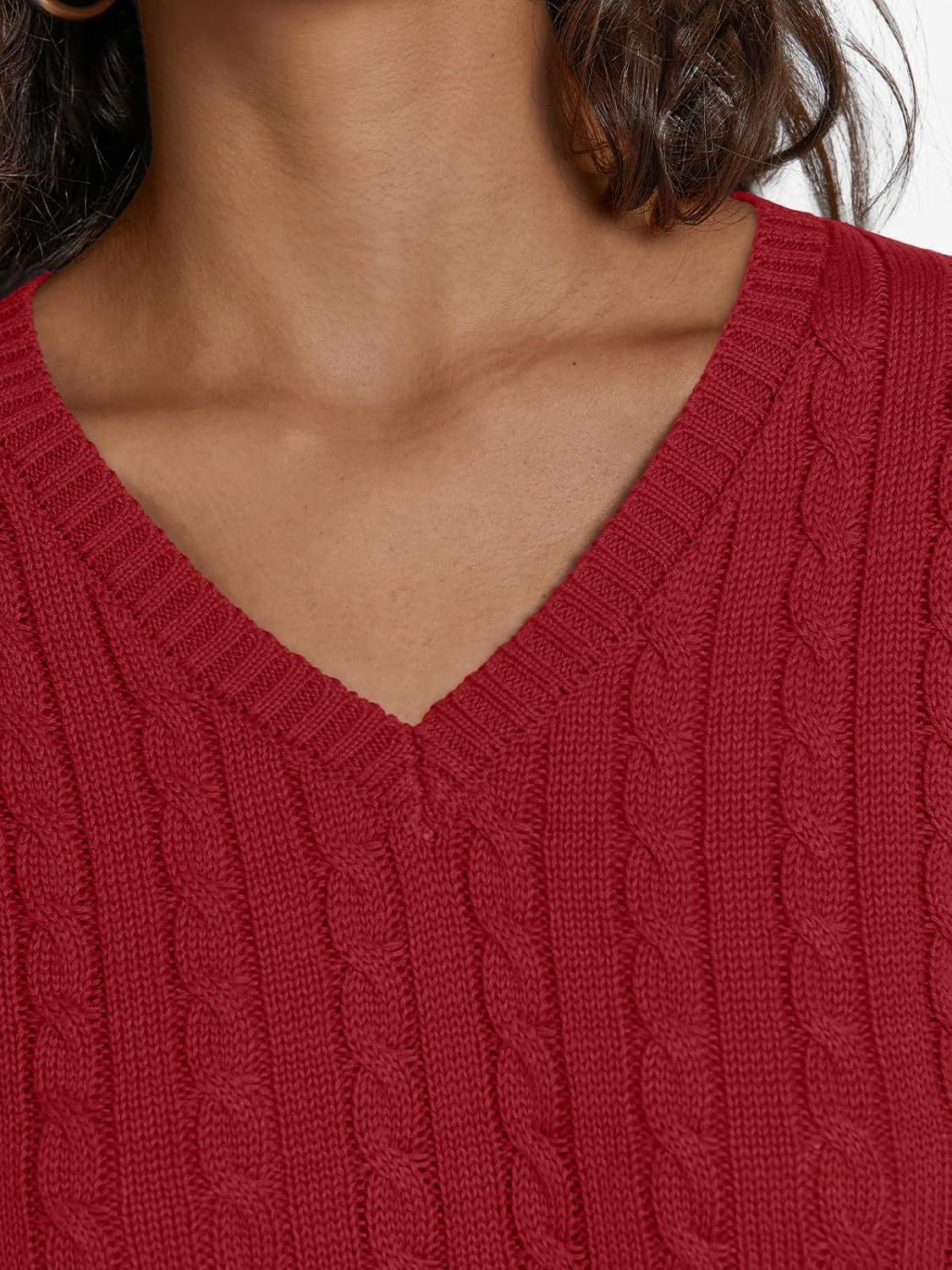 imageLILLUSORY Womens Cable Knit V Neck Lightweight Soft Pullover SweatersRed