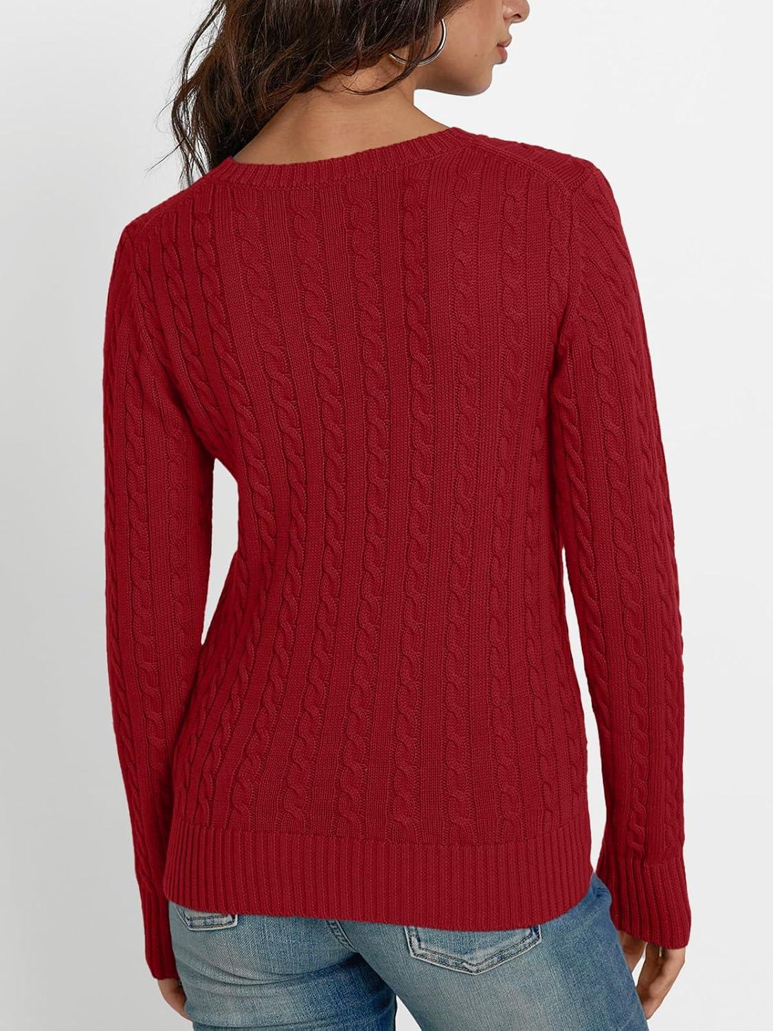imageLILLUSORY Womens Cable Knit V Neck Lightweight Soft Pullover SweatersRed