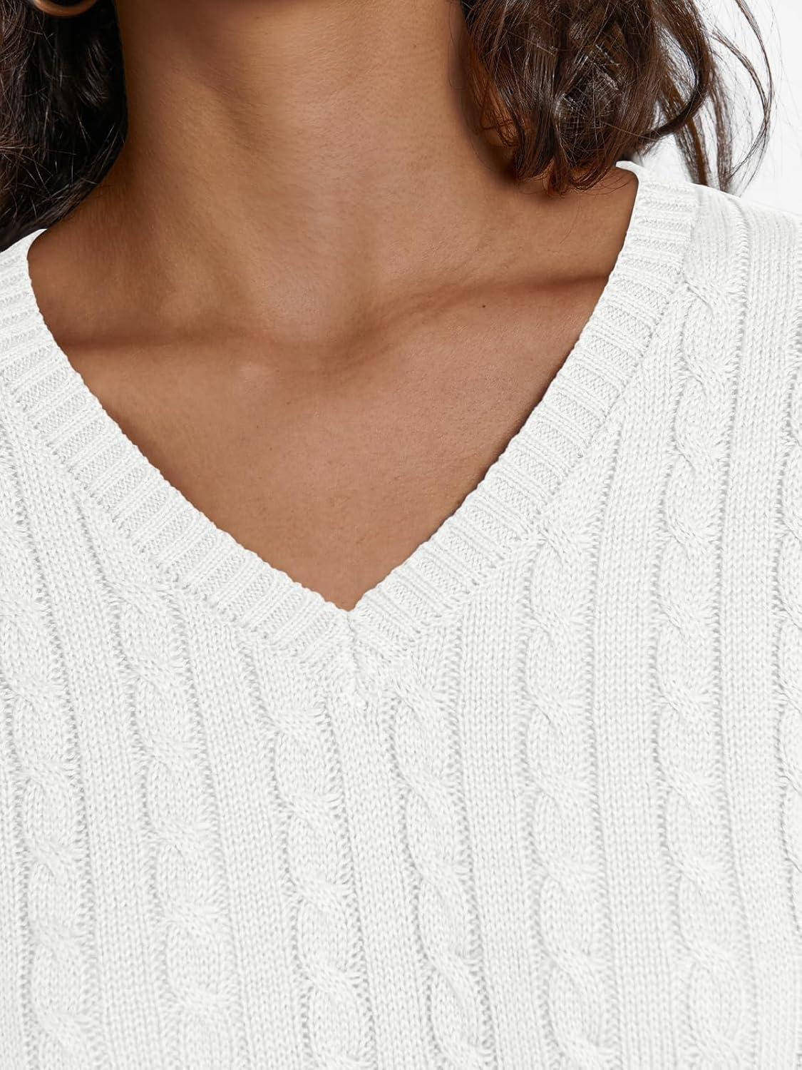imageLILLUSORY Womens Cable Knit V Neck Lightweight Soft Pullover SweatersWhite