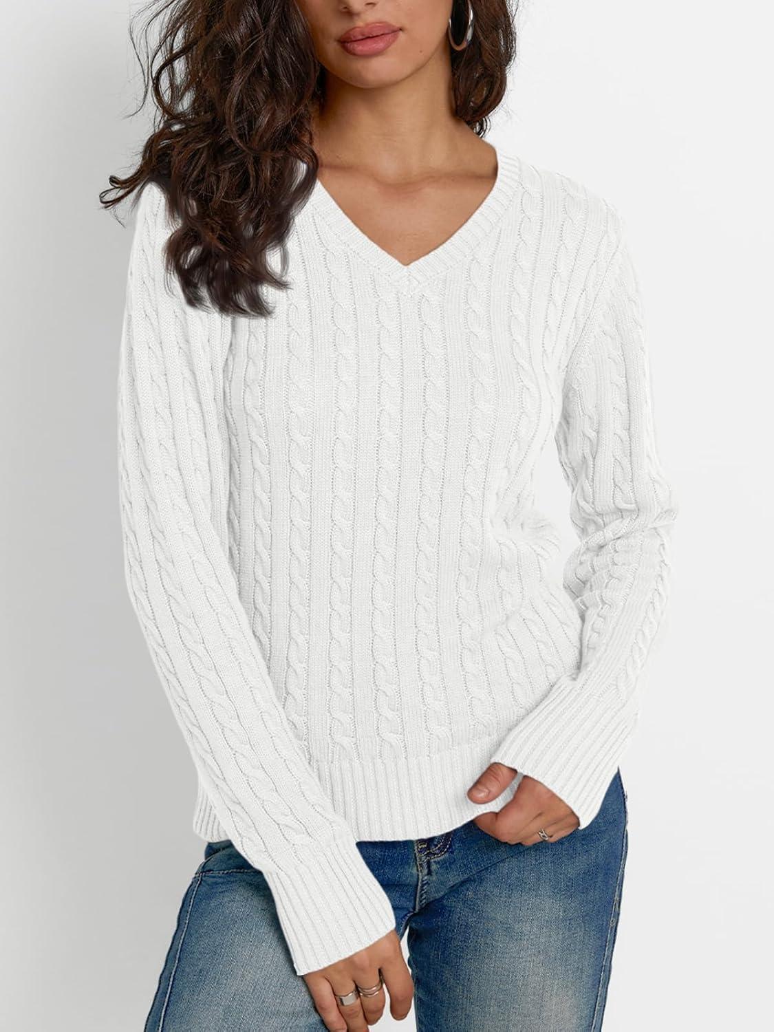 imageLILLUSORY Womens Cable Knit V Neck Lightweight Soft Pullover SweatersWhite