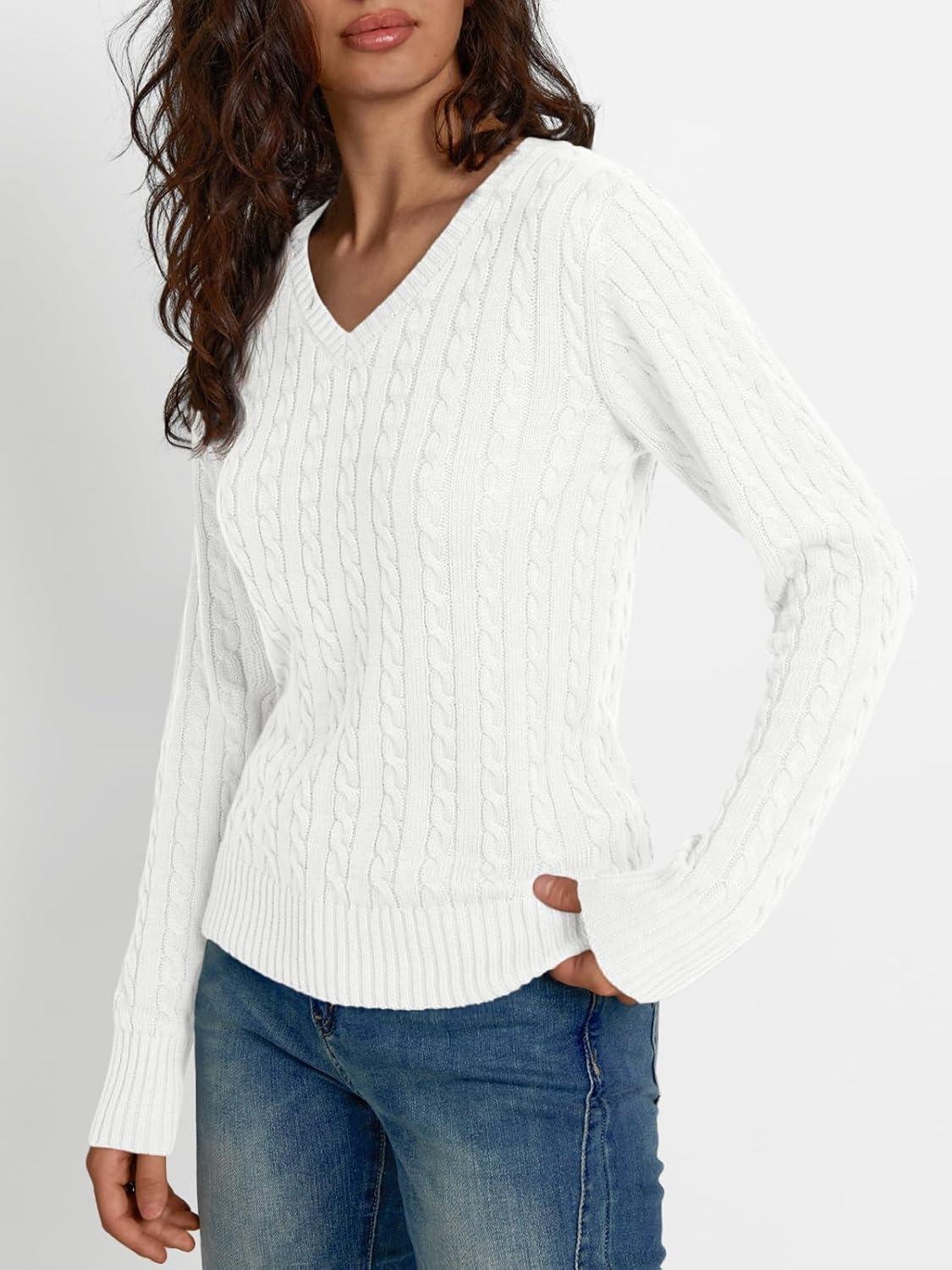 imageLILLUSORY Womens Cable Knit V Neck Lightweight Soft Pullover SweatersWhite